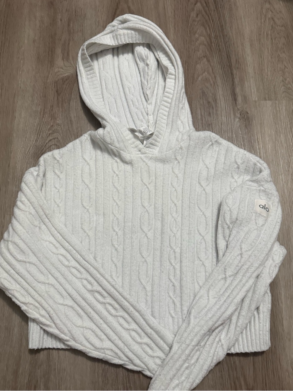 ALO Yoga White Cable-Knit Hooded Sweater